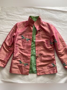 Grace Chuang NY Vintage Jacket Dragonfly Art Reversible Taffeta/Silk Blend S/M